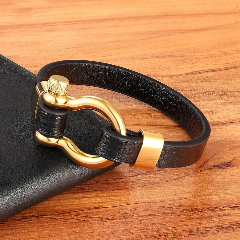 Unisex black leather and stainless steel toggle clasp bracelet, alternative fashion styling detail view