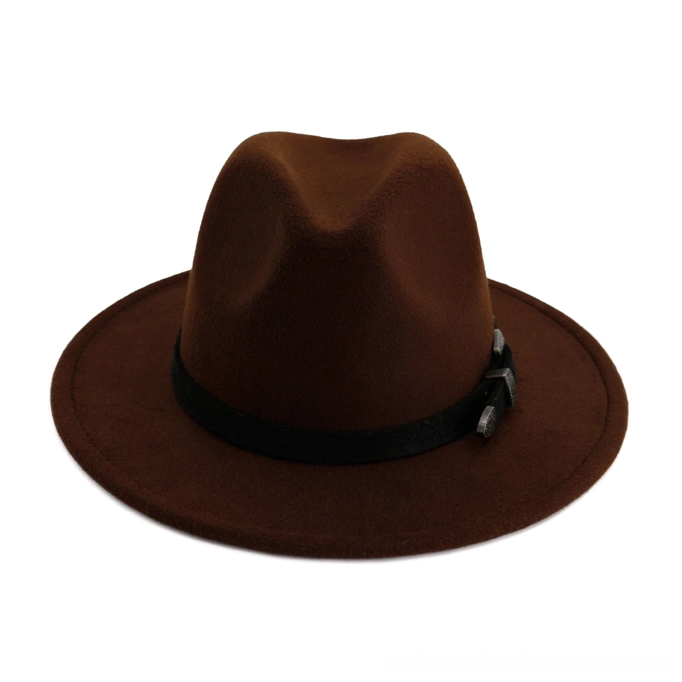 Unisex vintage fedora hat with leather belt worn styling and gothic aesthetic presentation