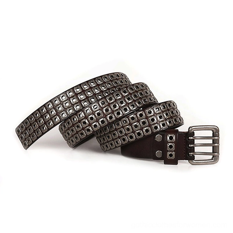 Gothic studded belt showcasing unisex design with full square metal rivet coverage and dark leather elegance
