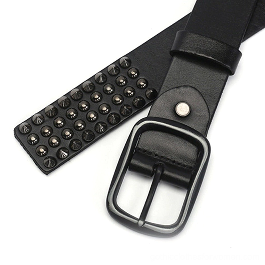 Unisex rock style studded leather belt with silver cone rivets and metal pin closure