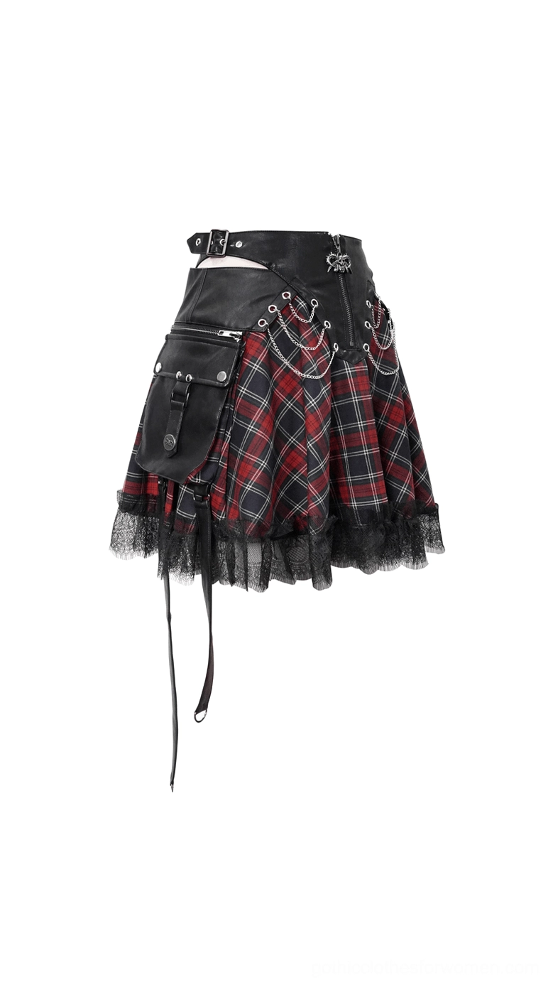 Utility goth tartan skirt side flat lay showing leather pocket panel, ruffle mesh hem and metal chains