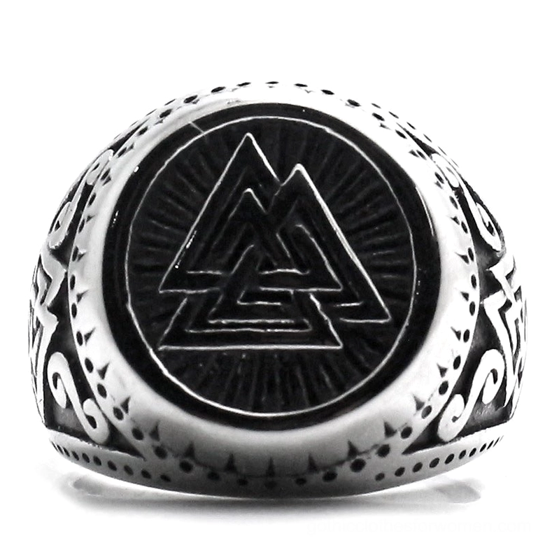 Valknut symbol ring direct front view with black-filled design and ornate border trim stainless steel