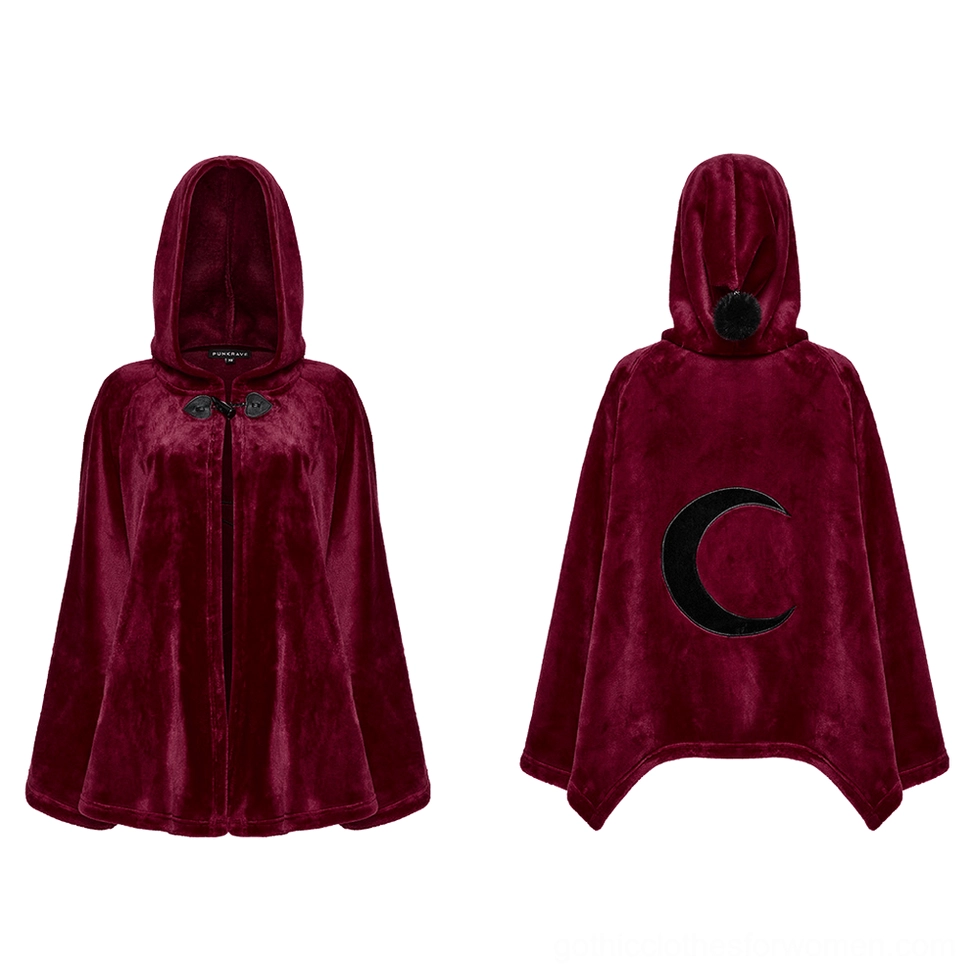 Flat lay front view of wine red velvet hooded cape with heart-shaped toggle fasteners and smooth fabric texture