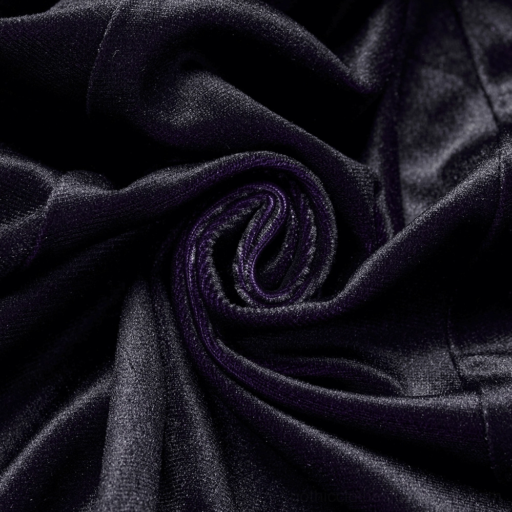 Macro detail of soft purple and black velvet fabric showing drape and luxurious texture of gothic dress material