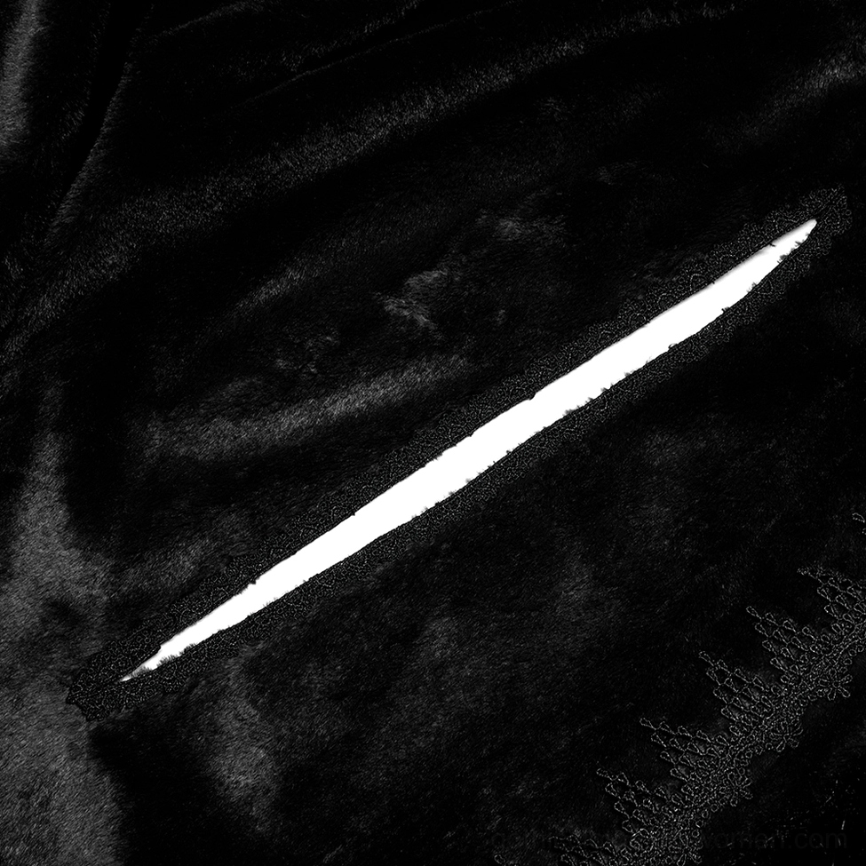 Gothic cloak velvet fabric close-up showing matte finish and hand opening slit detail