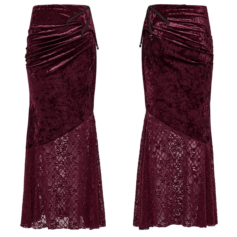 Wine red crushed velvet fishtail skirt right front angle showing ruched side detail and lace fish tail hem design