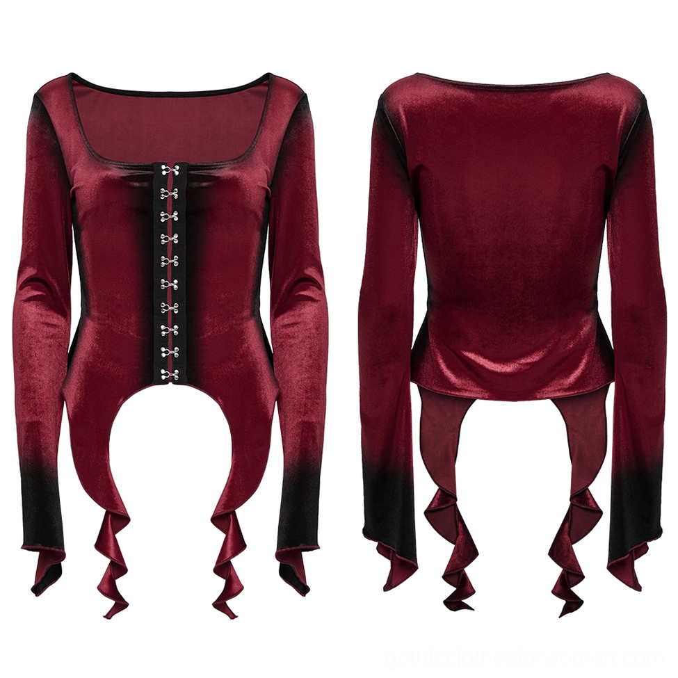 Flat lay comparison of burgundy to black ombre velvet gothic top showing front and rear silhouette, square neck, metal buckle trim, and irregular hem
