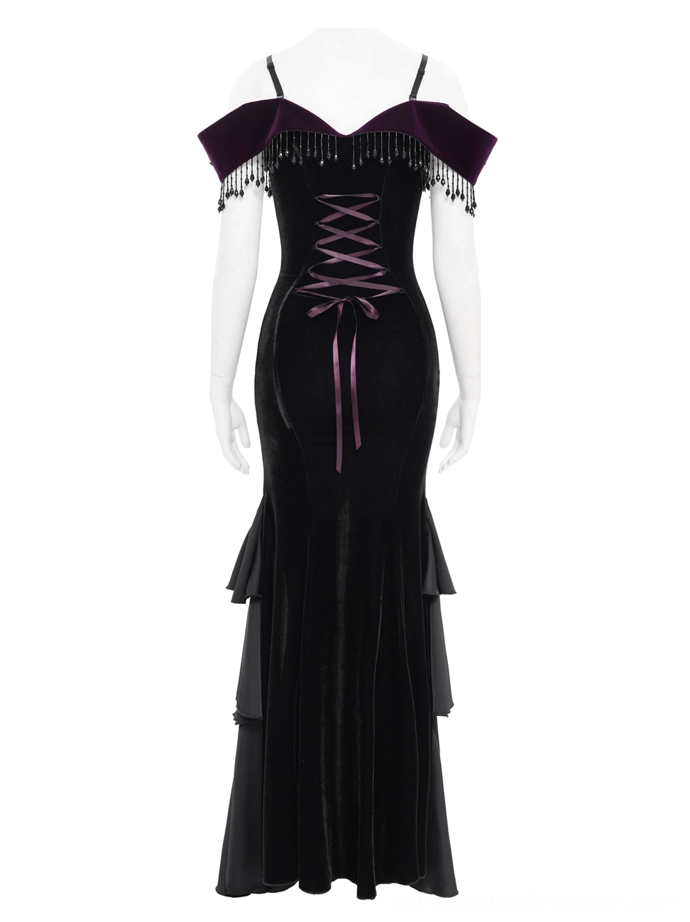 Black velvet gothic mermaid dress back view on dress form showing intricate lace-up corset detail