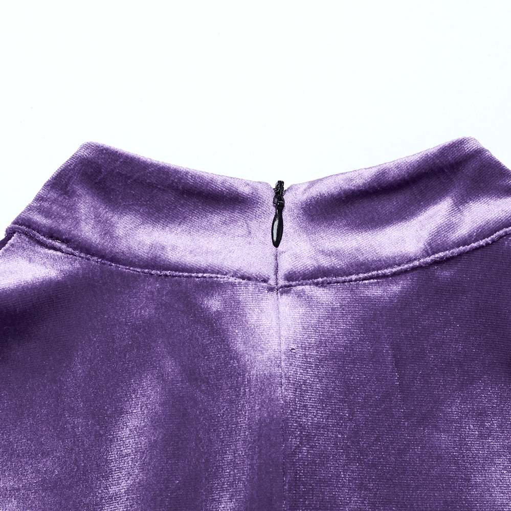 Close-up detail of purple velvet gothic dress neckline, stand collar, and back zipper fastening mechanism