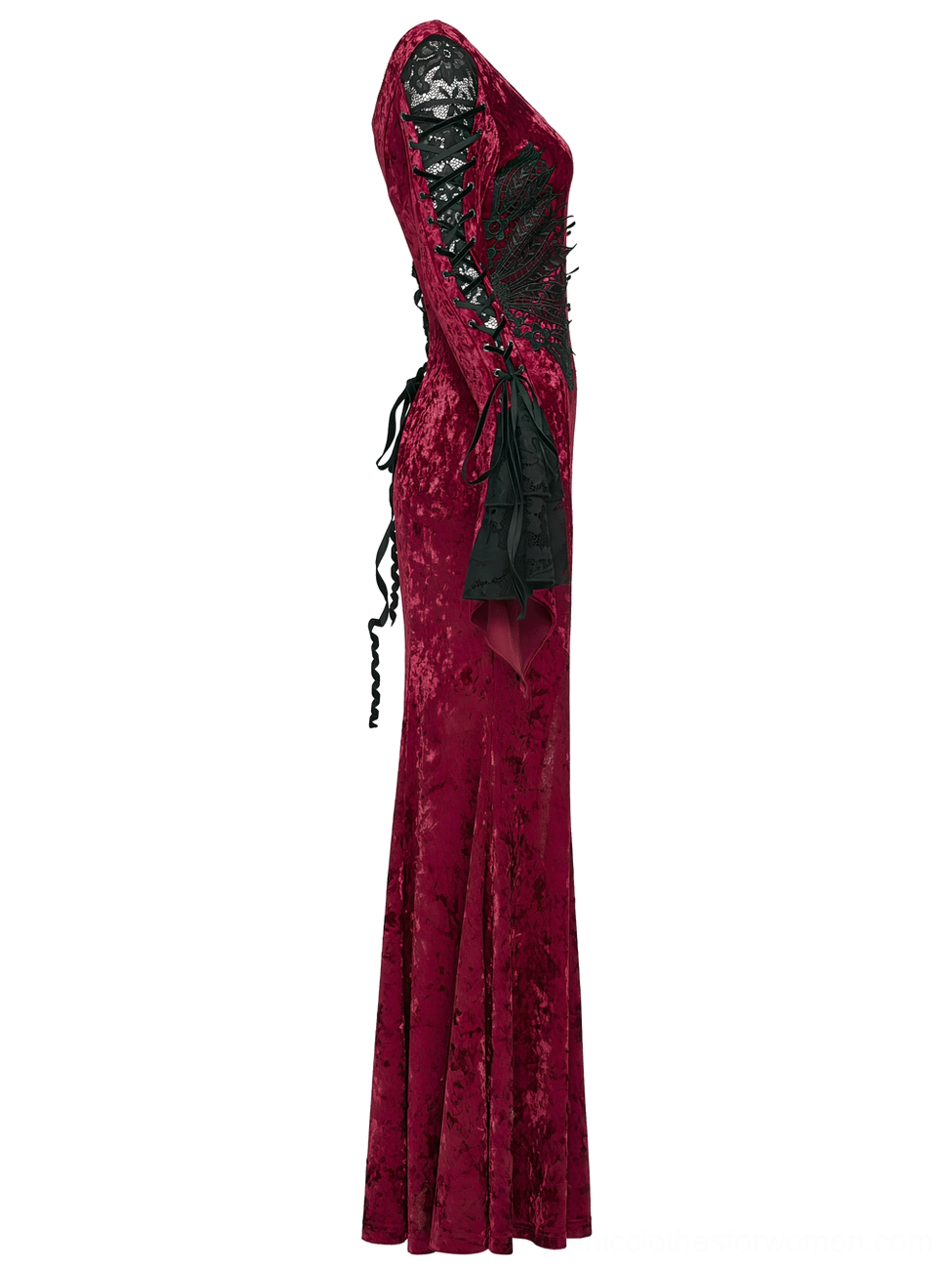 Side profile view of crimson velvet gothic gown showing dramatic lace-up back, lace-trimmed flared sleeves, and elegant draping