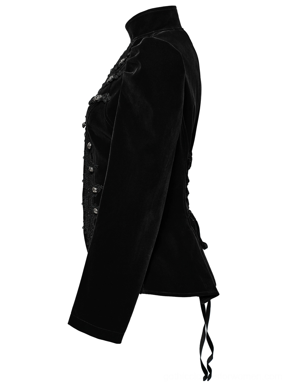 Black velvet gothic jacket side profile showing fitted silhouette and lace-up back detail