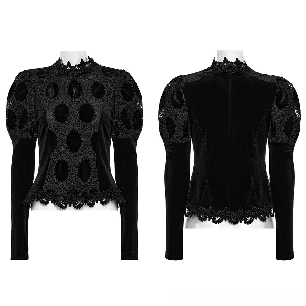 Gothic puff sleeve velvet lace top dual mannequin display showing front and back fitted silhouette