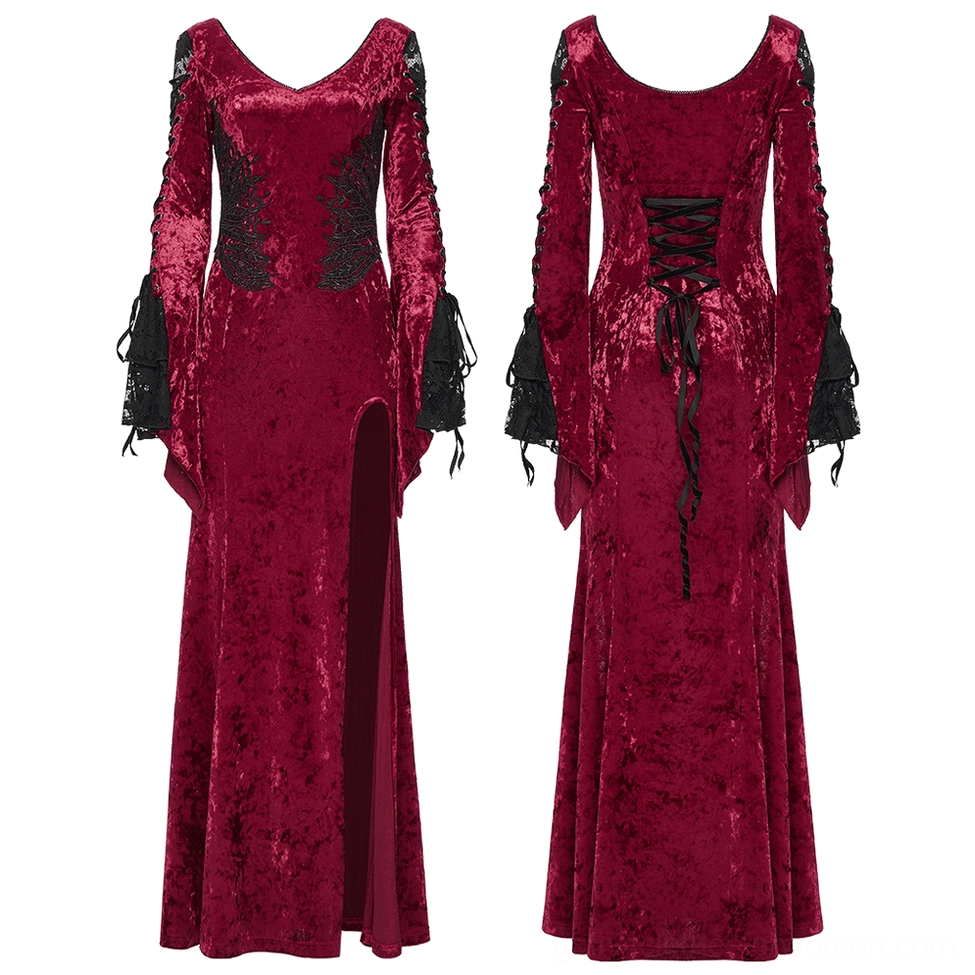 Wine red velvet gothic maxi dress flat front view displaying V-neck, high side slit, and black lace waist panels