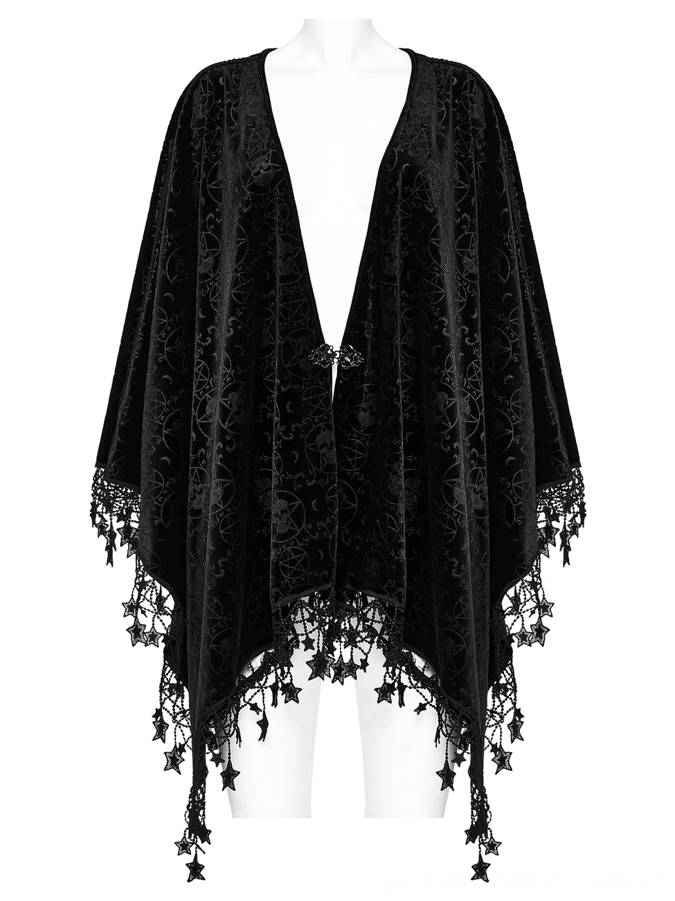 Black gothic velvet shawl cape with open front design and star tassel hem displayed on single mannequin