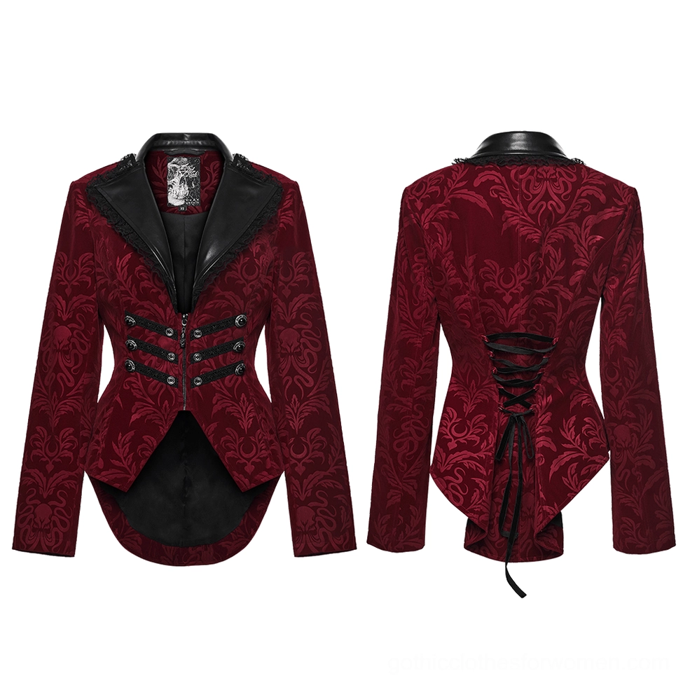 Wine red velvet gothic tailcoat jacket flat lay - front and back view showing full silhouette and lace-up back