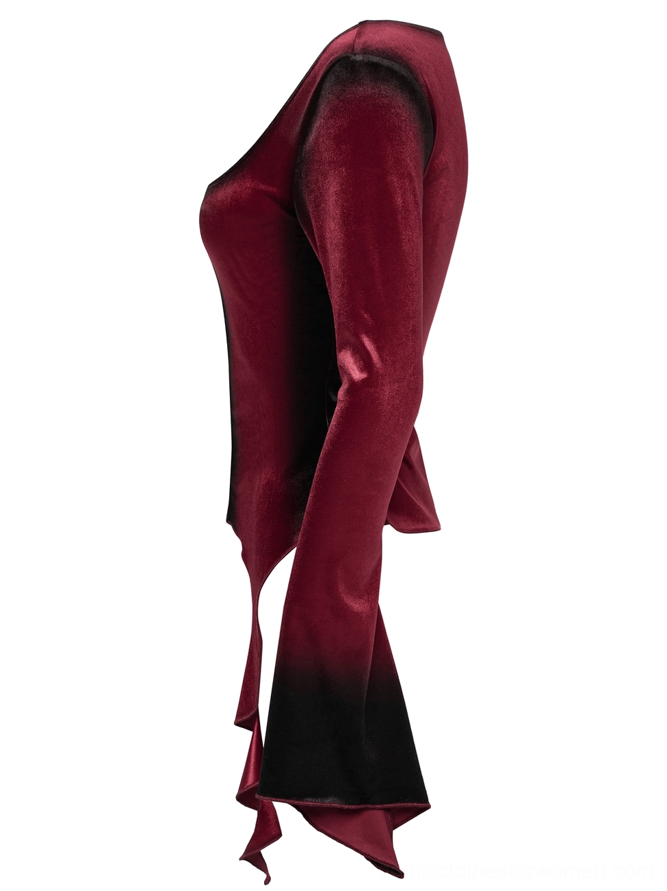 Side profile of burgundy velvet goth top showing flared sleeve with spiral design, ombre dye work, and ruffled asymmetrical hem