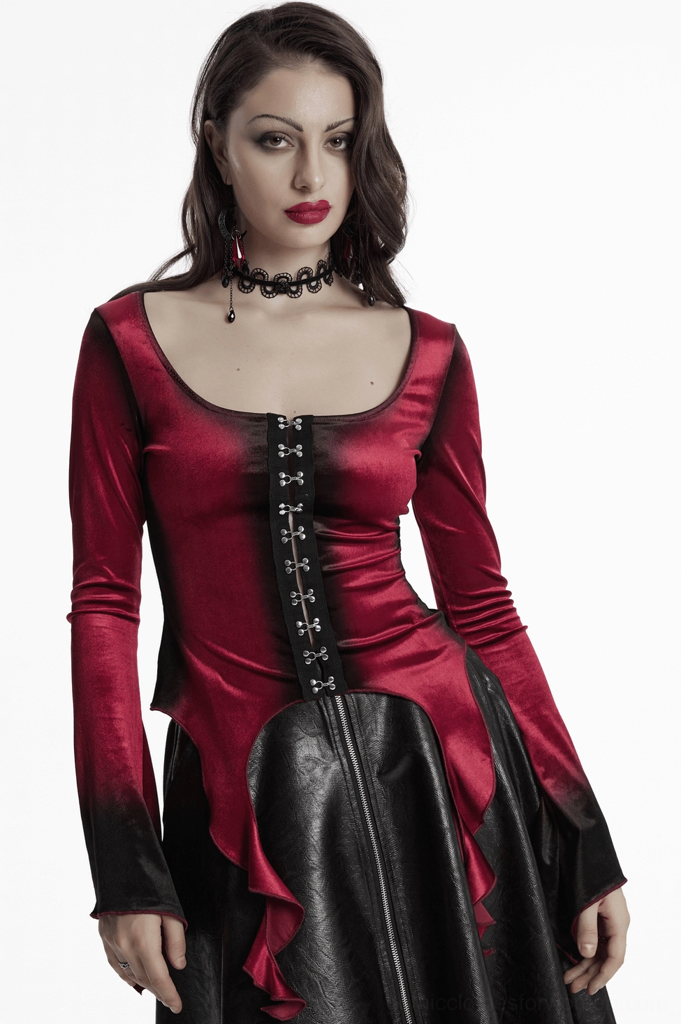 Product care and measurement guide for burgundy ombre velvet gothic long sleeve top with sizing information