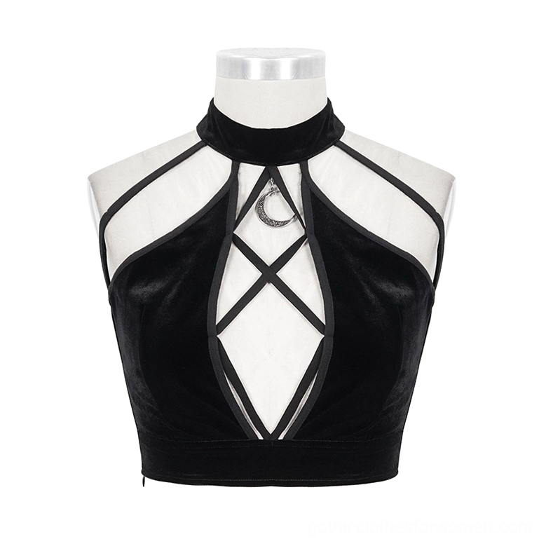 Black velvet halter crop top on mannequin form, front close-up showing crossed neckline, moon pendant, and mesh panels