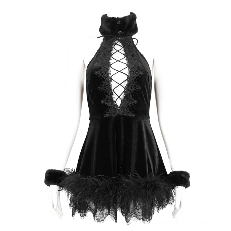Black velvet halterneck gothic mini dress mannequin display showing full silhouette with fuzzy collar and feather hem