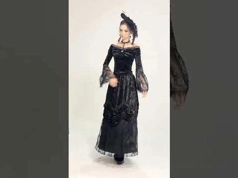Off-shoulder velvet gothic lace top, flat lay showing lace flare sleeves and gem decoration