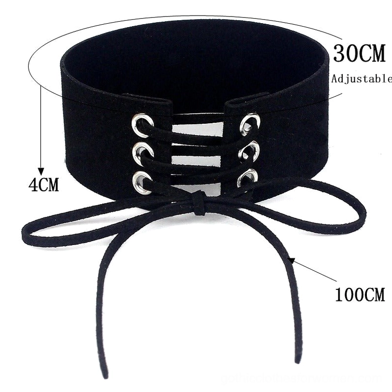 Lifestyle styling shot of lace-up velvet choker demonstrating gothic fashion wear