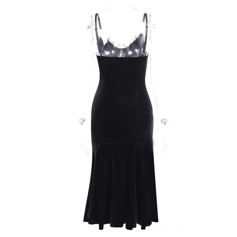 Gothic velvet mermaid slip dress back view on dress form, showing transparent straps