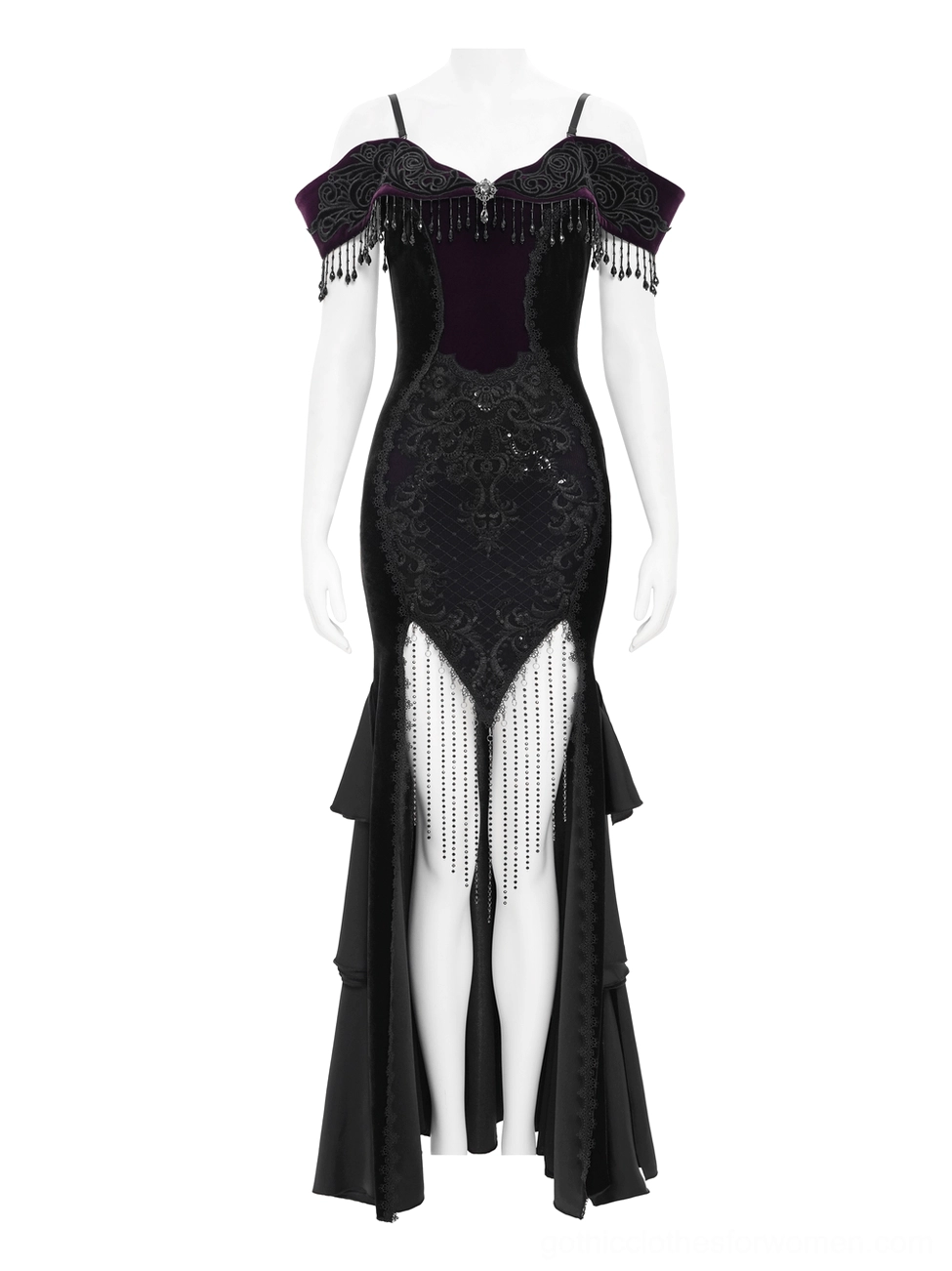 Black velvet mermaid dress on dress form showing ruffled hemline and elegant silhouette