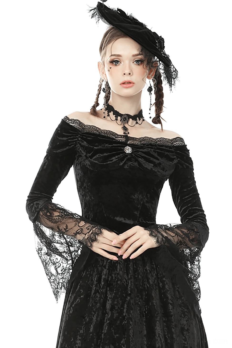 Black velvet off-shoulder gothic top with lace bell sleeves, front three-quarter view on model