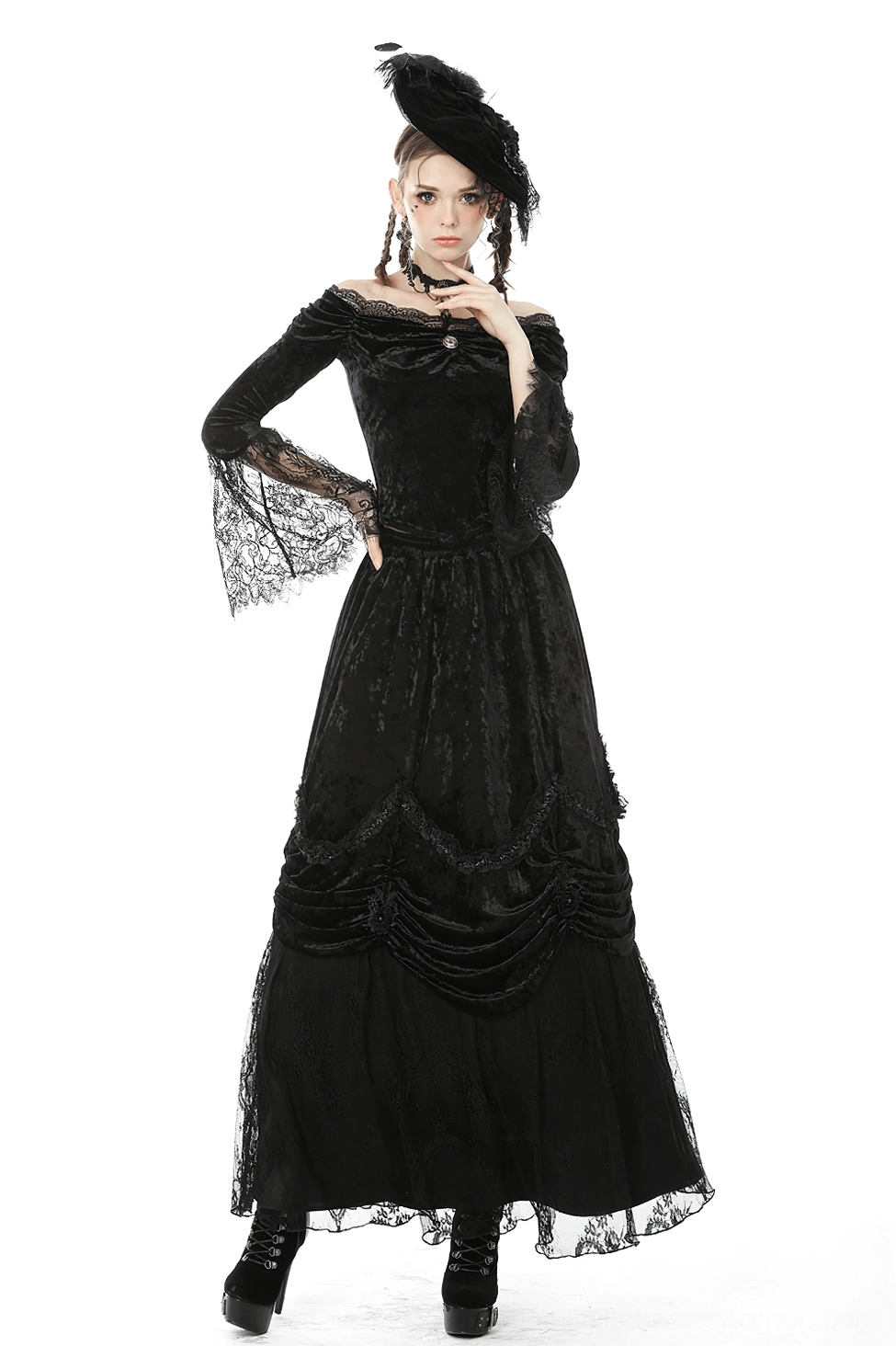 Black velvet off-shoulder gothic top with bell lace sleeves, three-quarter length view