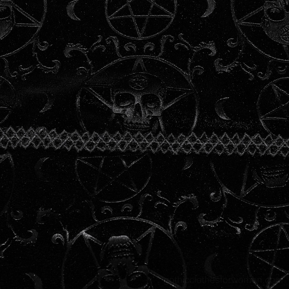 Velvet occult pentagram cape displaying soft embossed texture and flexible pentacle tassels