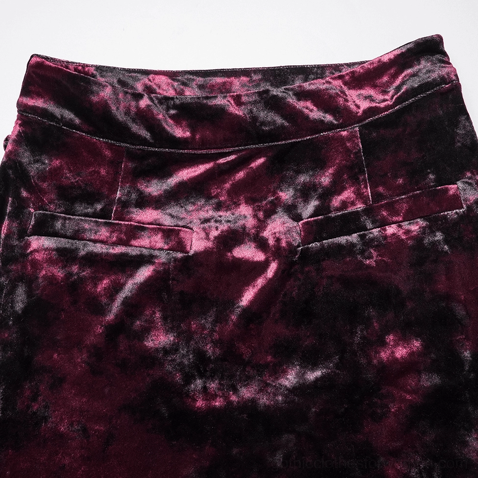 Wine red velvet skirt waistband close-up detail showing crushed burgundy velvet fabric and integrated belt loops