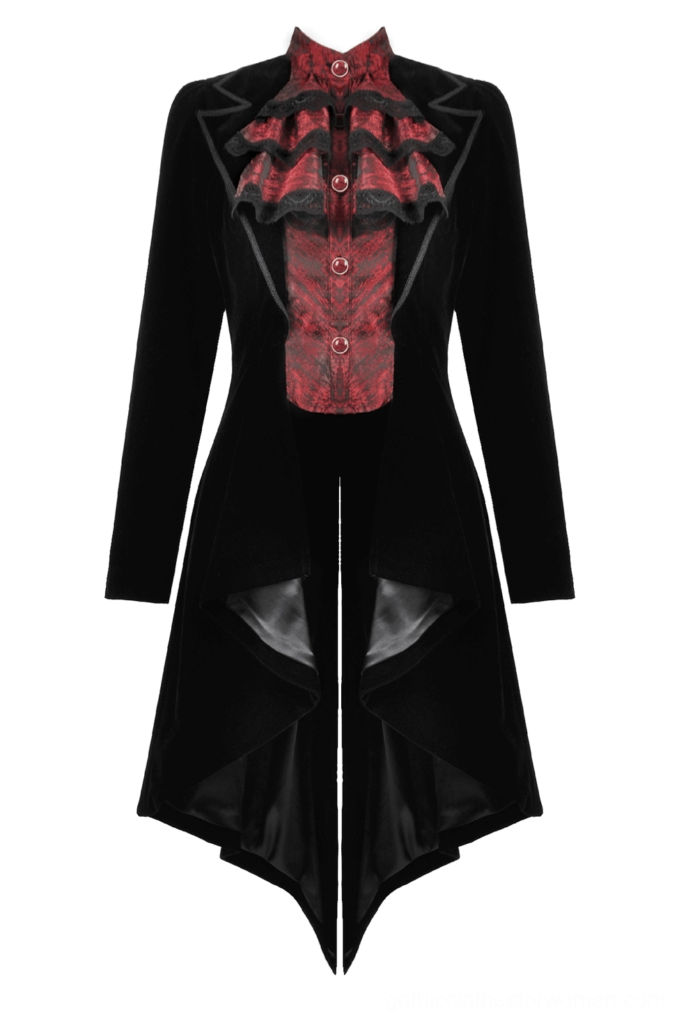 Black velvet tailcoat front flat lay showing tailored lapels, wine red button panel, and pristine construction details