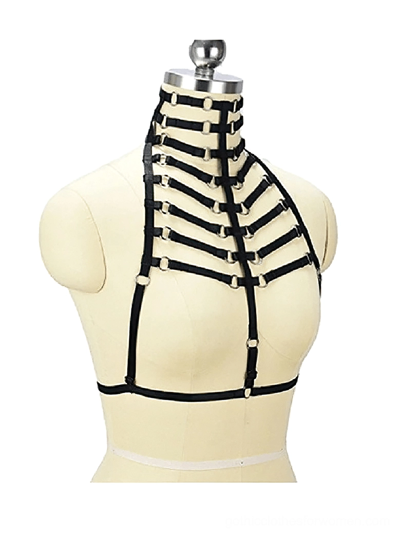 Vertical skeleton strap harness bra layout, architectural buckle design, front view on mannequin