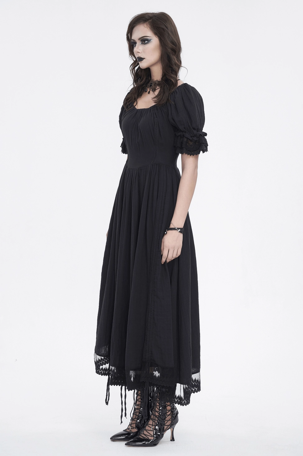 Victorian black dress puff sleeves lace details styling view