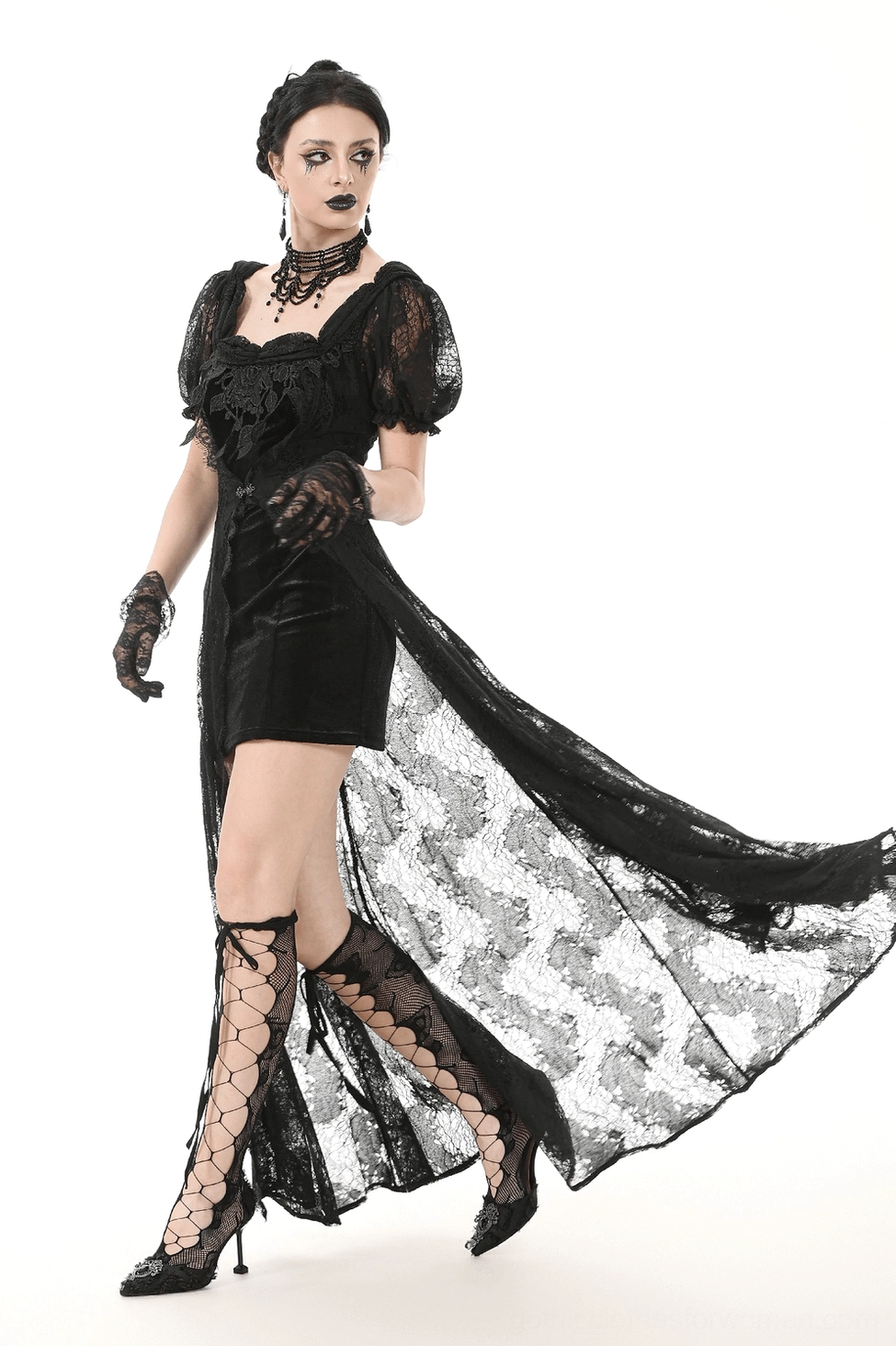 Victorian-inspired black lace corset maxi dress complete front and back presentation