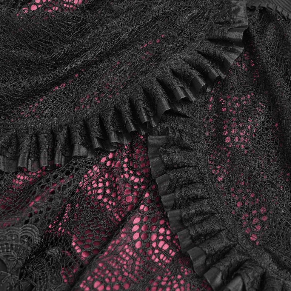 Victorian black lace gothic skirt with intricate lace patterning and layered ruffles from front perspective