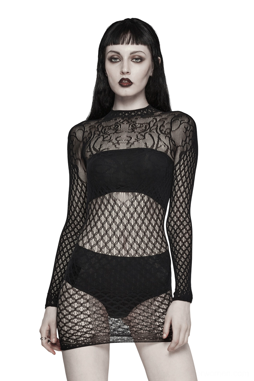 Victorian black mesh mini dress front view with vine lace bust design, mock neck, and long mesh sleeves on female goth model