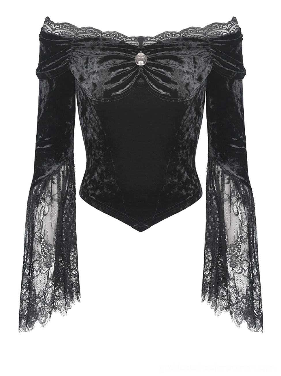 Victorian-inspired black velvet off-shoulder gown with lace sleeves, full side profile view
