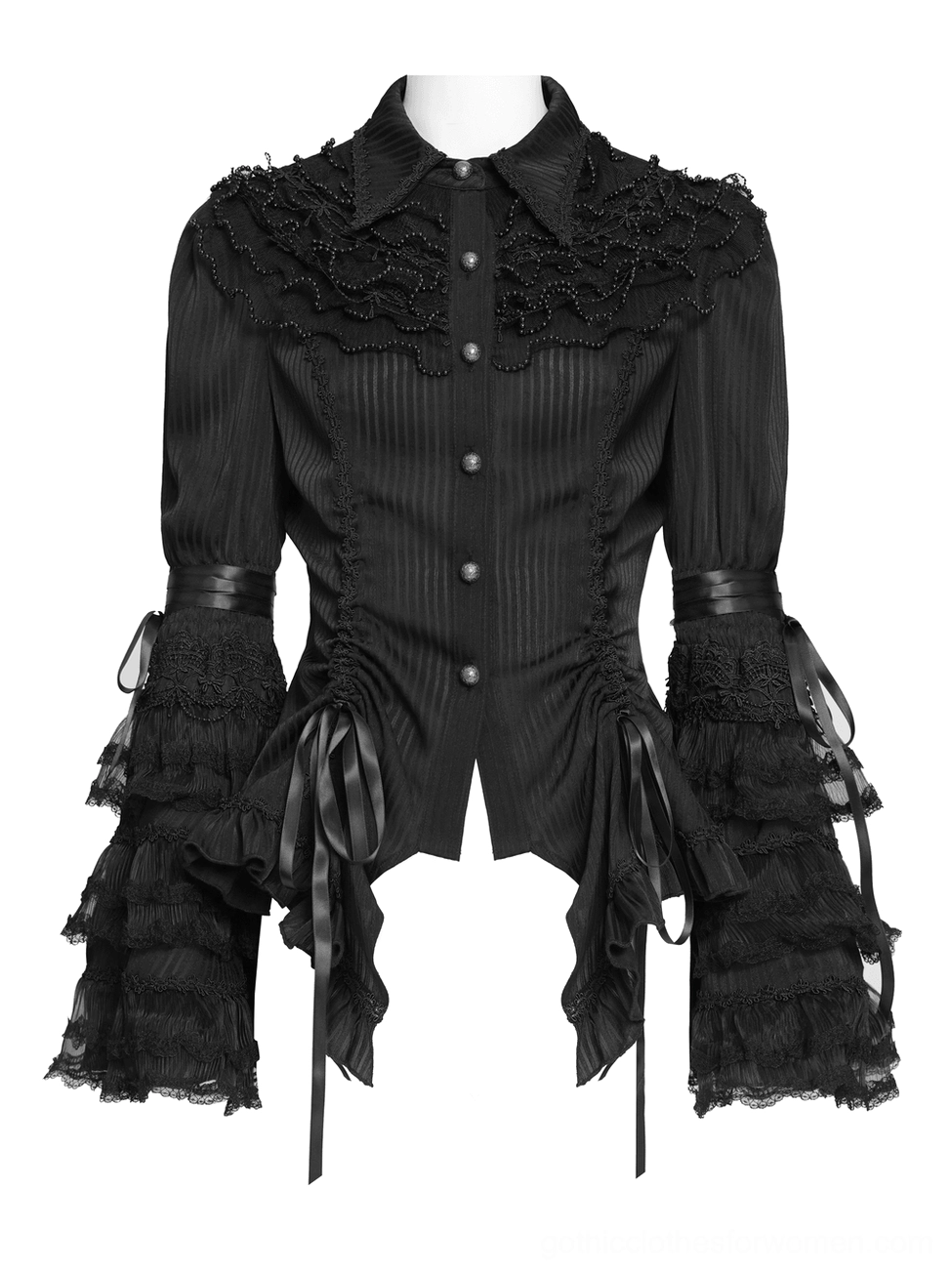 Black Victorian blouse front flat display showing striped woven fabric, button front closure, and beaded lace yoke trim