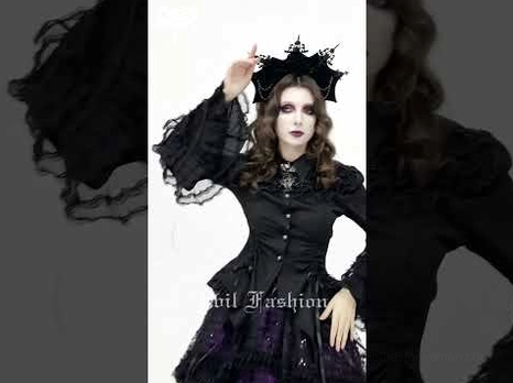 Victorian lace blouse styled with purple tulle skirt on model in multi-angle collage layout
