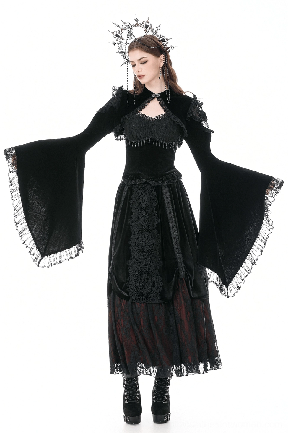 Victorian gothic bolero shrug with dramatic cape collar and bell sleeves, ideal for dark romantic evening ensembles and goth events
