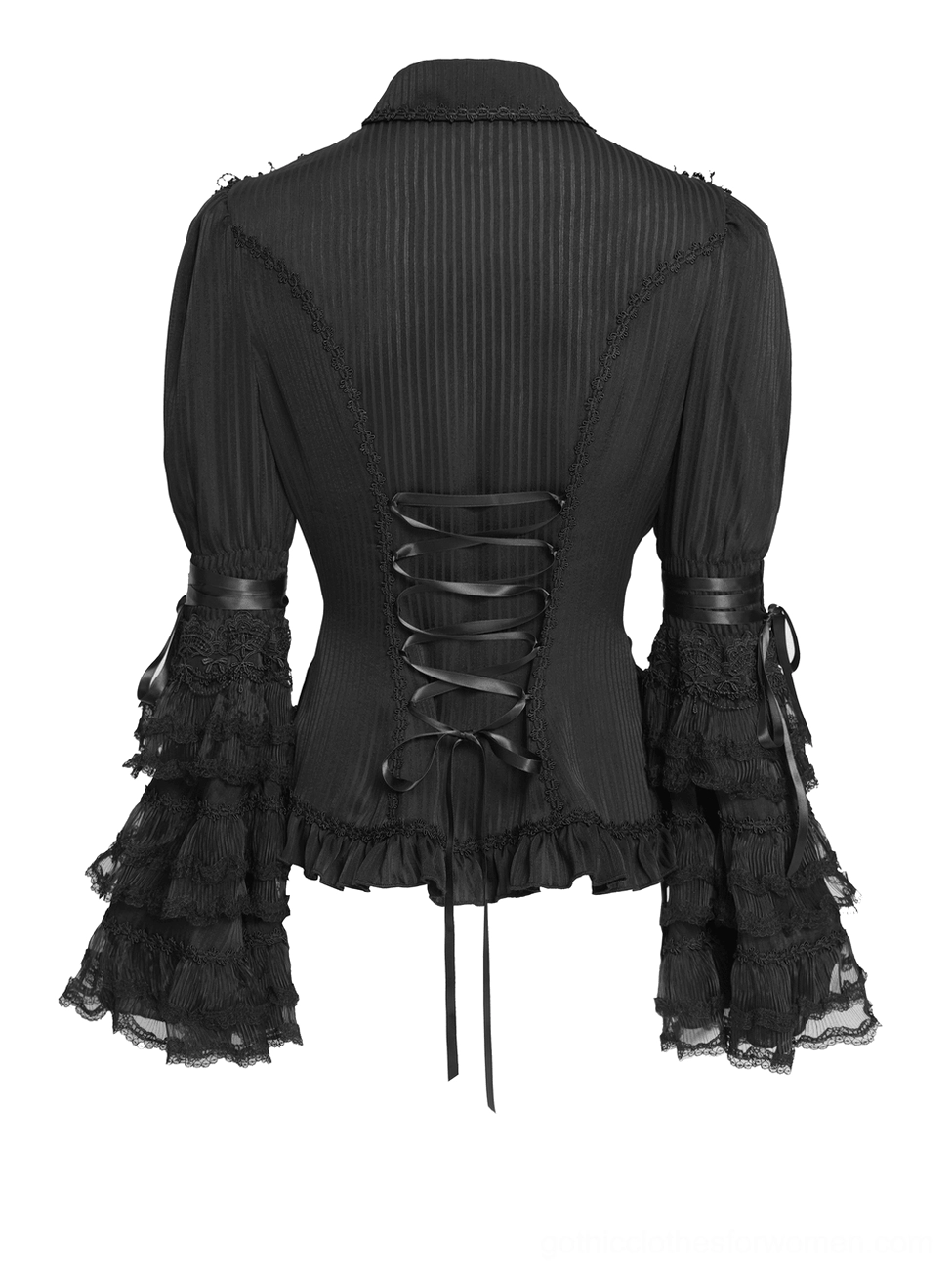 Victorian corset blouse back flat display showing corset lace-up back, puffed sleeves, and ruffled cuffs