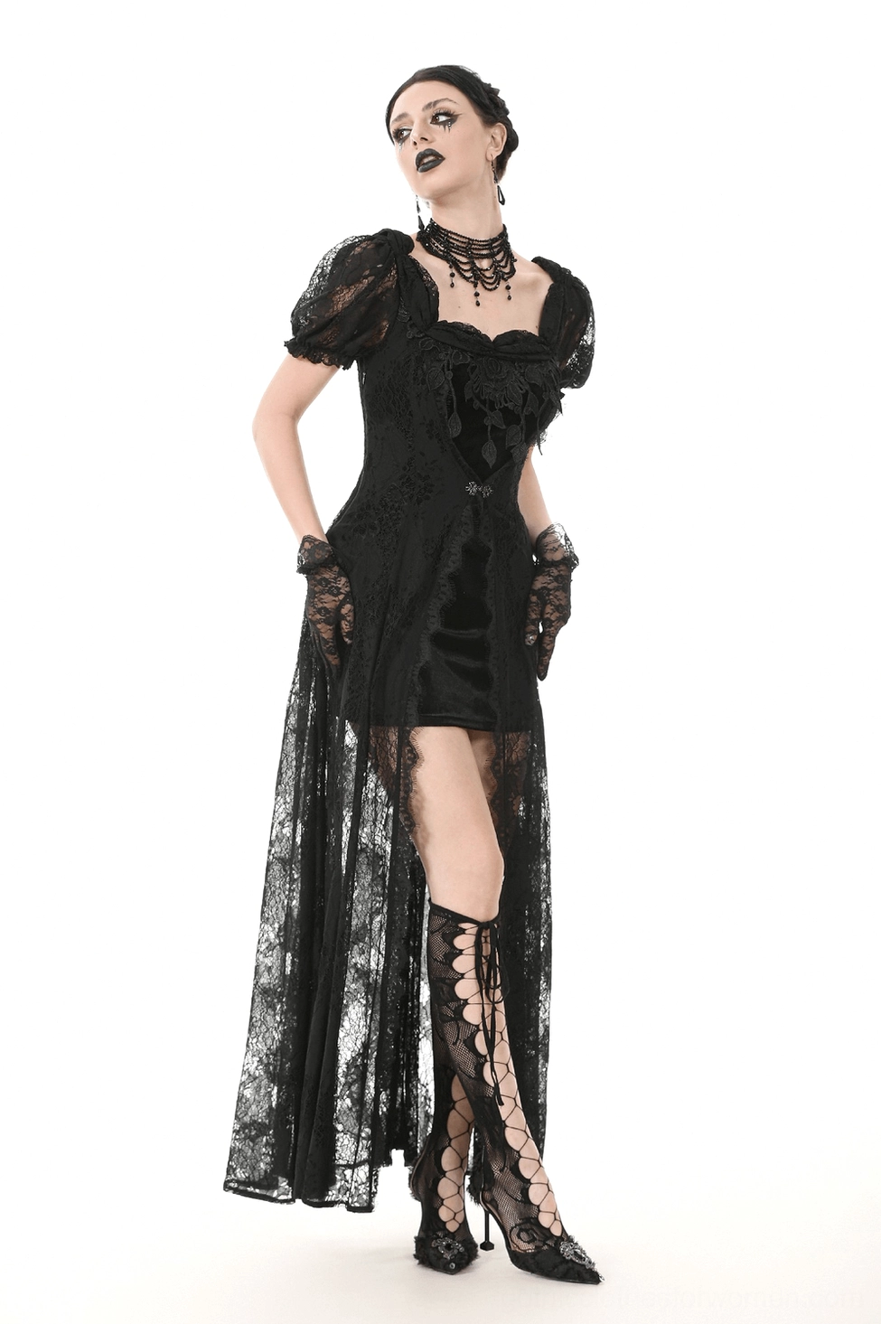 Victorian corset lace back of black puff sleeve maxi dress architectural design