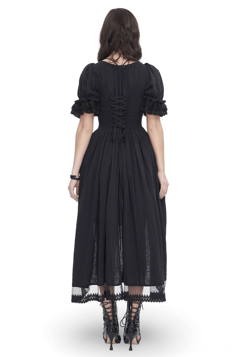 Gothic back lace-up corset midi dress with puff sleeves rear view on model