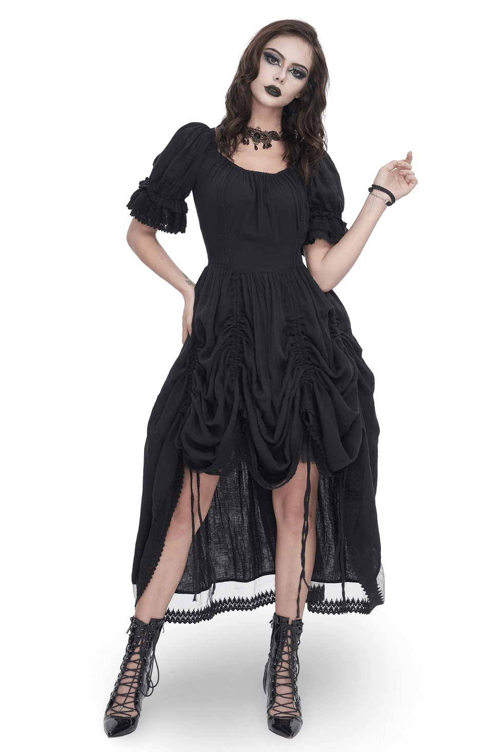 Black Victorian puff sleeve corset lace-up midi dress front view on model