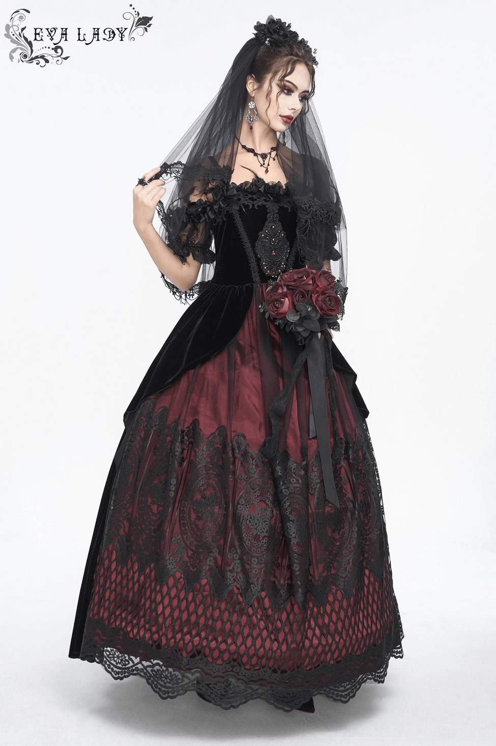 Victorian gothic ball gown full front view highlighting dramatic silhouette and burgundy accent placement