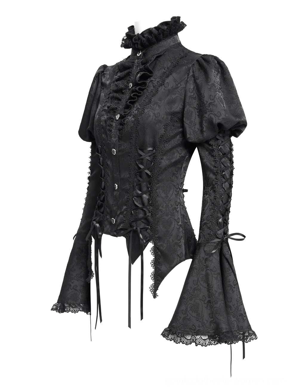 Three-Quarter View Flat Lay of Victorian Gothic Bell Sleeve Blouse - Puffed Shoulders Detail