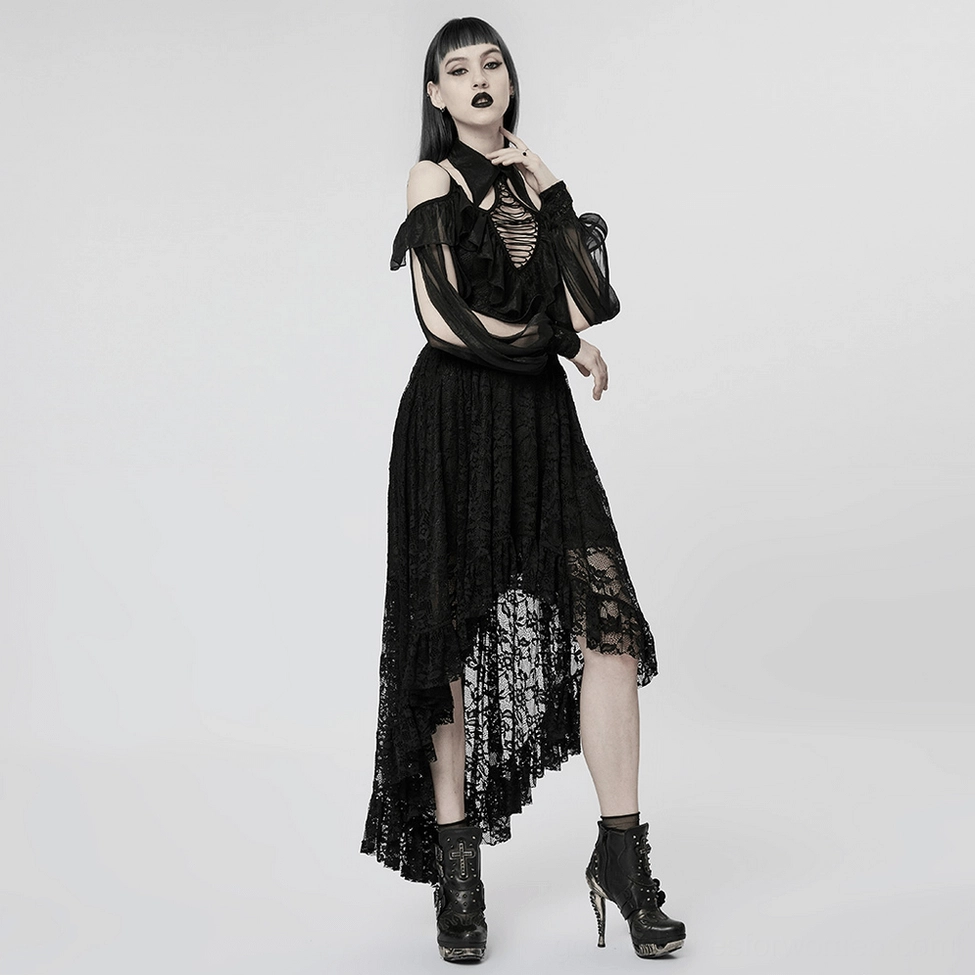 Victorian gothic black lace maxi dress side profile showing dress silhouette, pointed lapel collar, and flowing asymmetrical hem