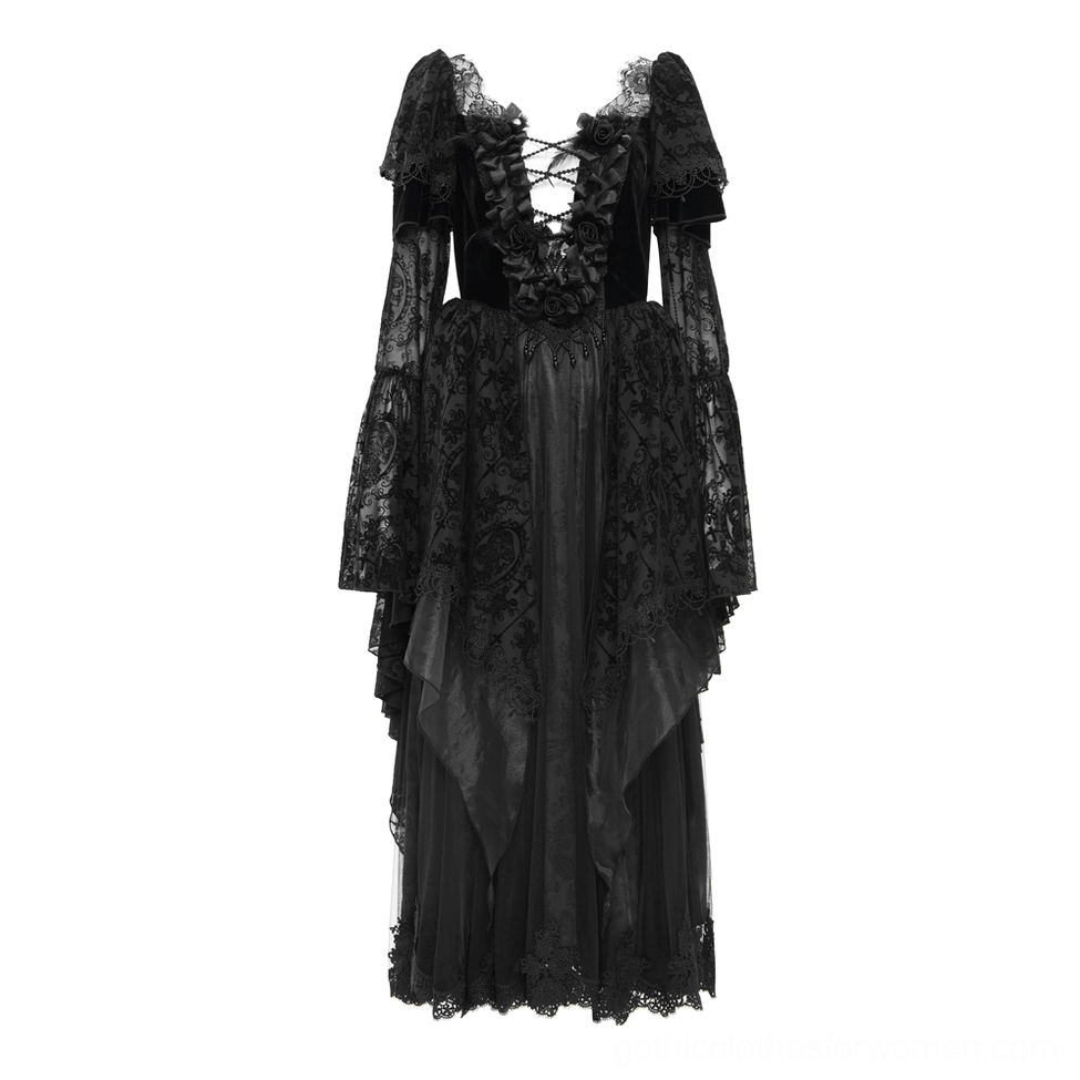 Full-body black gothic lace maxi dress front view showing long bell sleeves, asymmetrical hemline, and delicate lace overlay in studio
