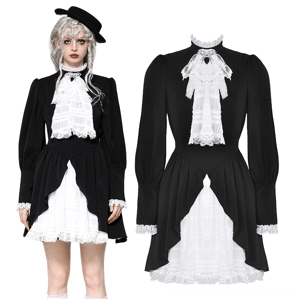 Black and white Victorian gothic lace dress front pose - high lace collar, puff sleeves, layered ruffled skirt with model